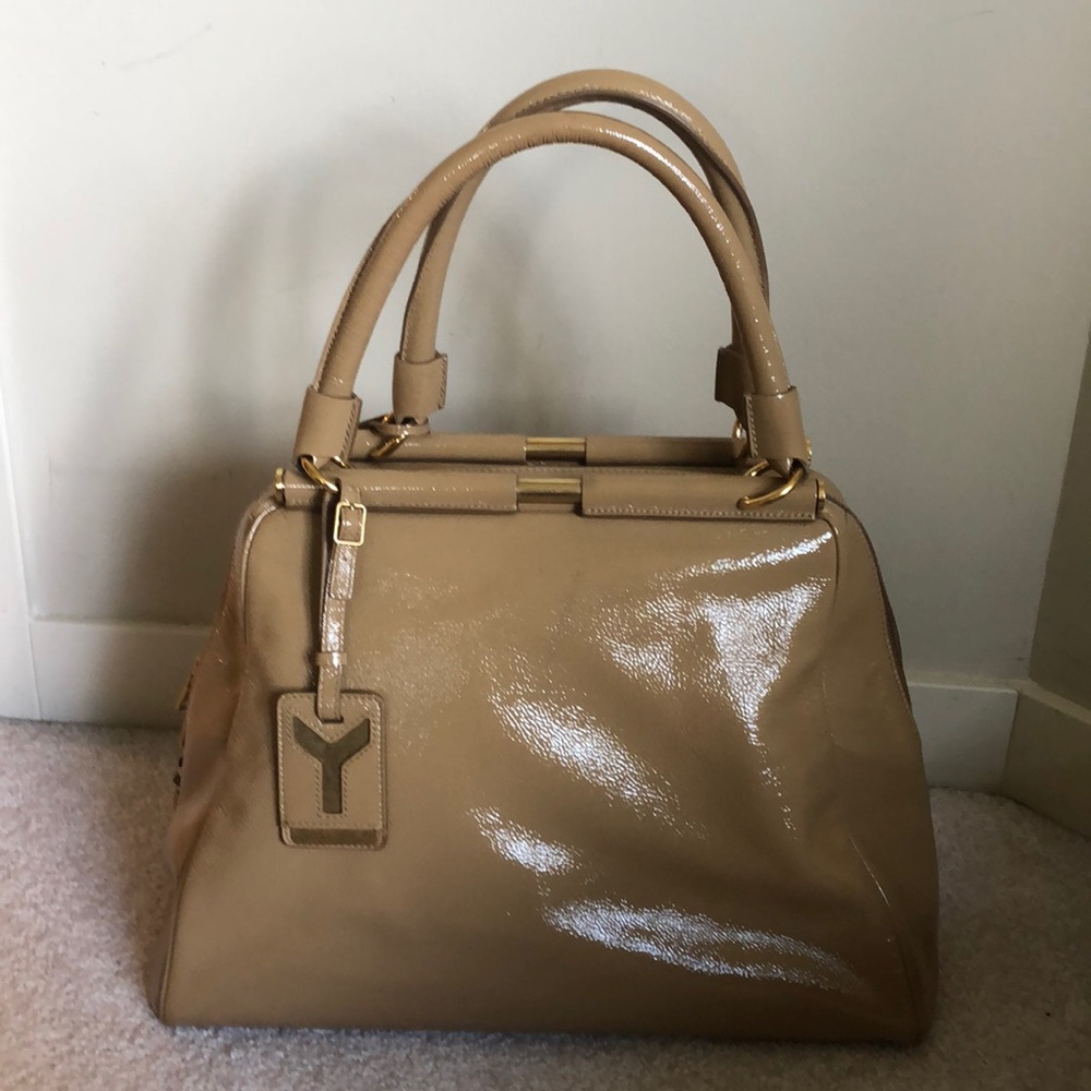YSL Majorelle Tan Patent Leather Handbag authentic